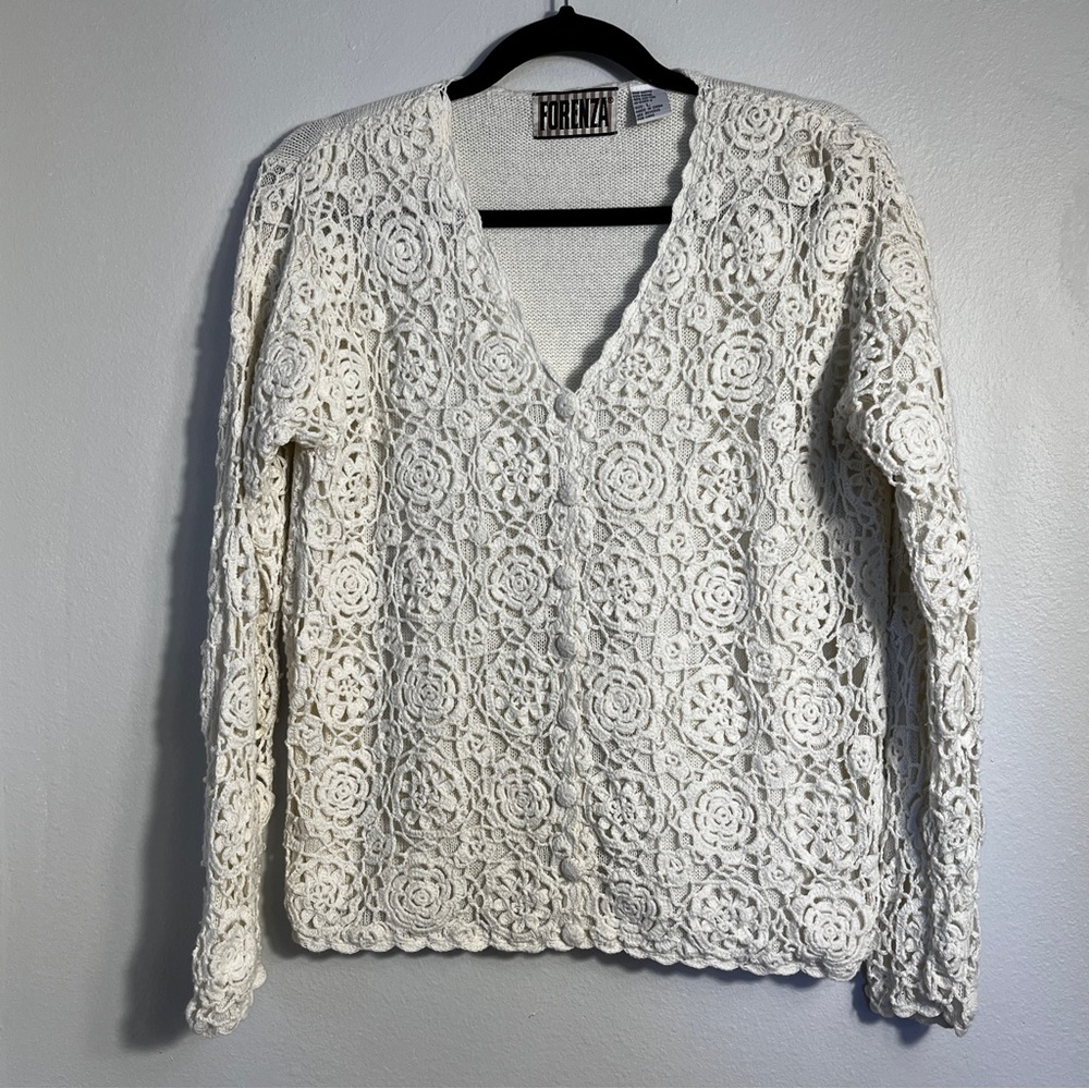 Vintage 80's Forenza Sz Large Crochet Lined Cardigan Button Down White Off White